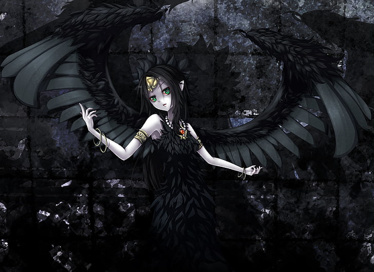 black, eyes, fabled, feathers, green, grimro, hair, shintani