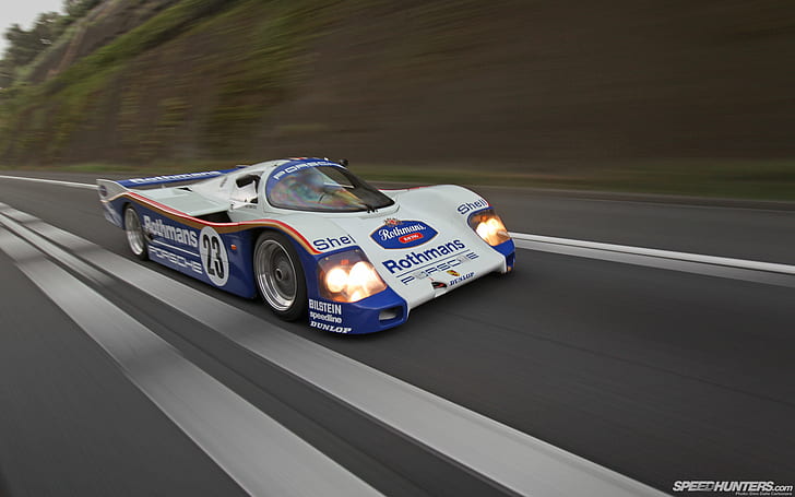 Porsche Race Car 962C Motion Blur HD, white and blue rothman's racing car, HD wallpaper