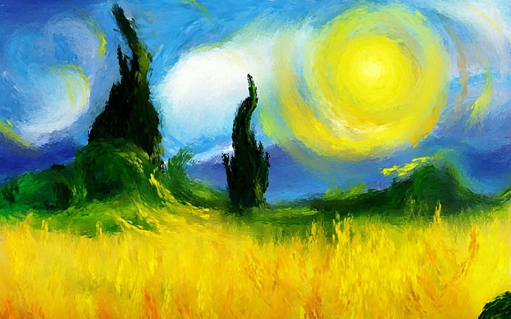 clouds, fields, Impressionist, nature, painting, paintings, HD wallpaper