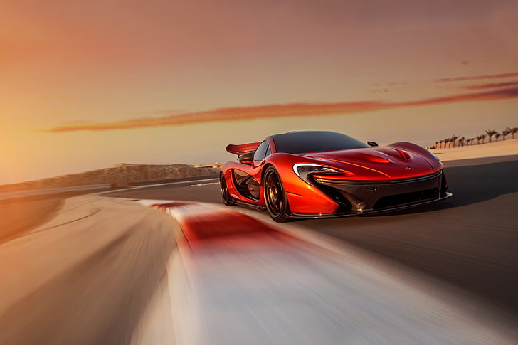 red supercar, McLaren P1, sports car, red cars, motion blur, tracks