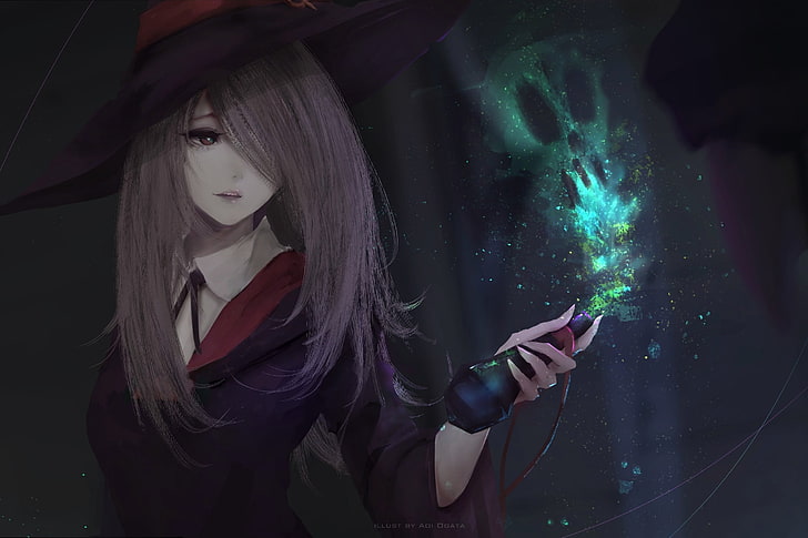 witch girl illustration, Aoi Ogata, women, brunette, magic, artwork