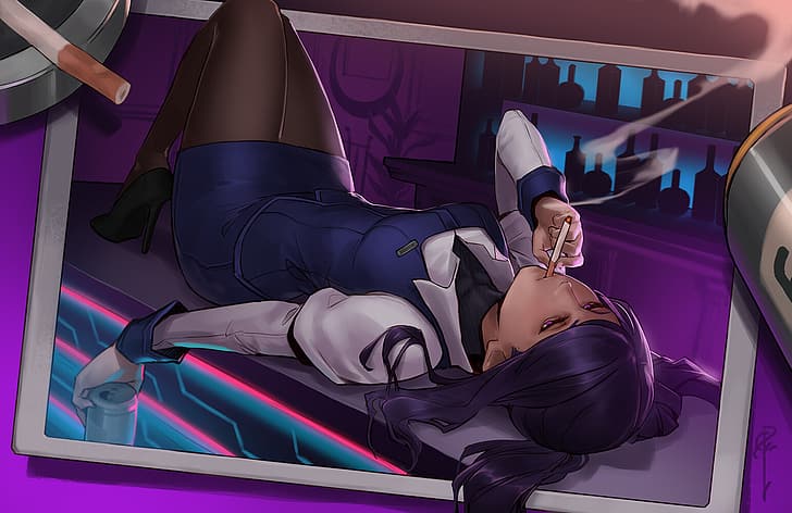 LessDraws, smoking, lying on back, drawing, anime girls, cigarettes, HD wallpaper