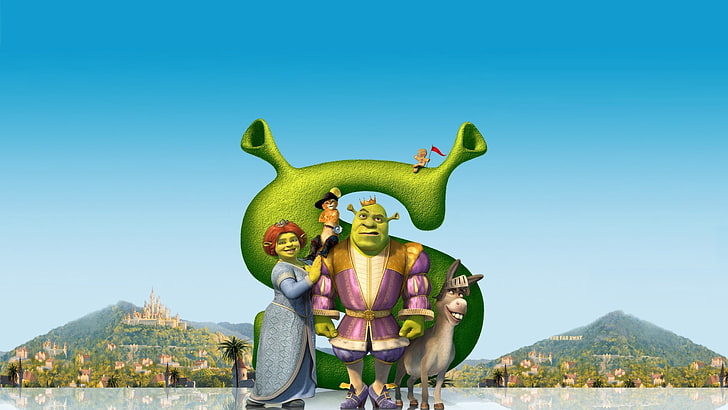 Shrek movie poster, donkey, fiona, puss in boots, main characters