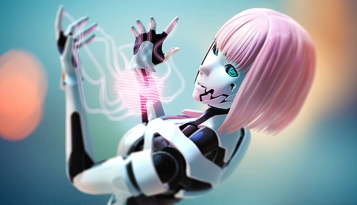 robot, digital art, pink hair, androids, cyborg