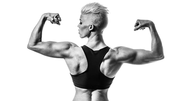 women fitness model model muscles monochrome, muscular build, HD wallpaper
