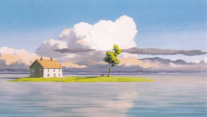 white and brown house, island, painting, artwork, sky, architecture