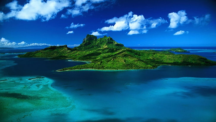 island, blue sky, blue water, cloud, mauritius, ocean, awesome, HD wallpaper