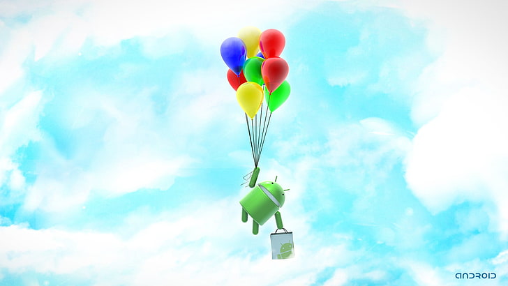 Android logo with balloons illustration, system, robot, clouds, HD wallpaper