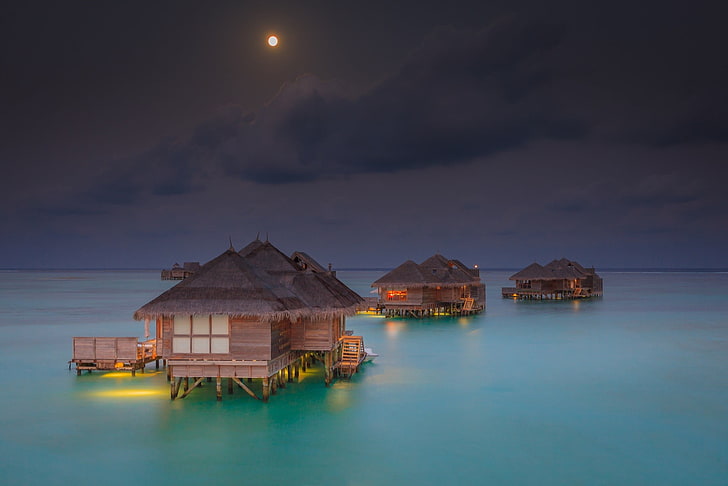 brown and black nipa huts in the middle of ocean illustration