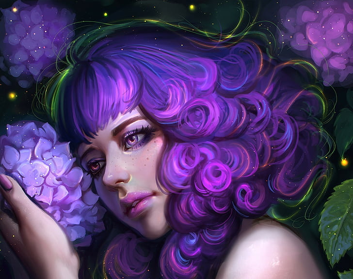 women, fantasy art, artwork, purple hair, curly hair, purple eyes