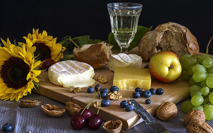 still life, cheese, berries, food, apples, bread, sunflowers