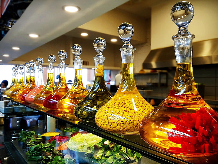 clear glass decanter bottle lot, restaurant, food, reflection
