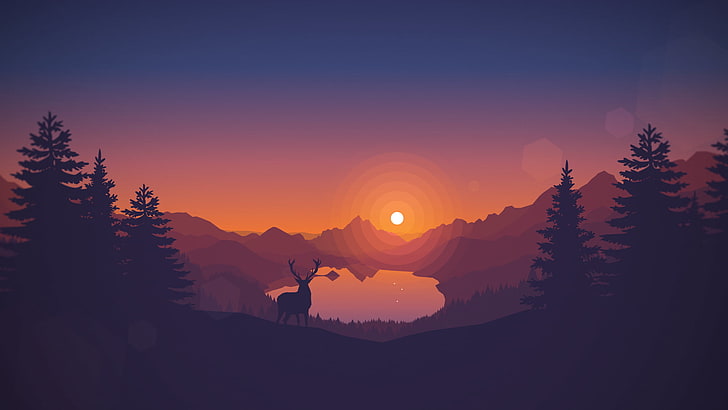 deer and trees, deer in forest during sunset, drawing, animals