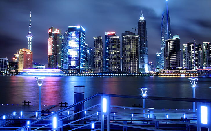 China, Shanghai, Pudong, night, lights, skyscrapers, Huangpu river, HD wallpaper