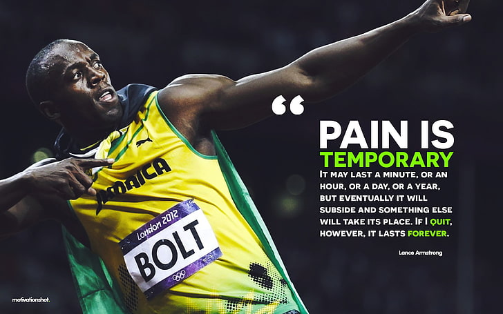 yellow jersey with text overlay, Usain Bolt, running, motivational
