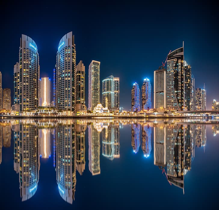 water, reflection, building, home, Bay, Dubai, night city, skyscrapers, HD wallpaper