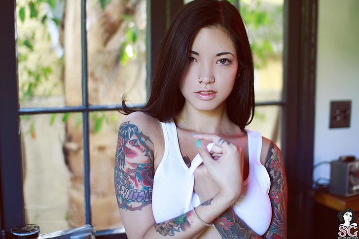 women's white tank top, Suicide Girls, tattoo, nose rings, Myca Suicide, HD wallpaper