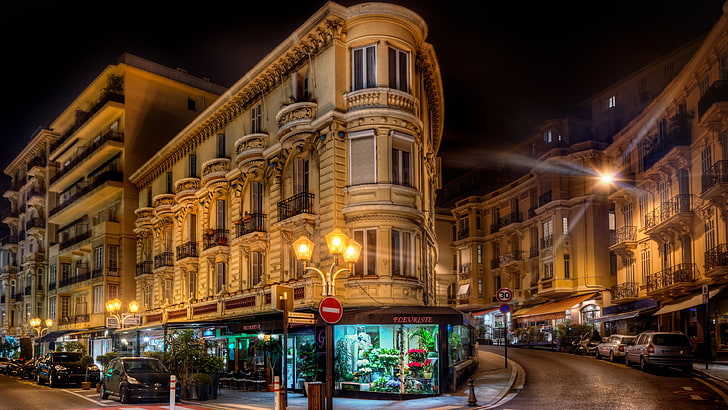 store facade at the corner street, Monaco, illuminated, building exterior