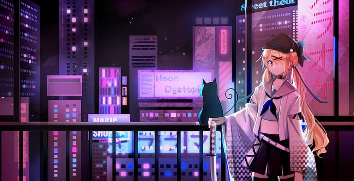 anime, anime girls, blonde, cats, black cats, fence, night, HD wallpaper