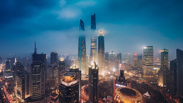 lighted city buildings, skyline, Shanghai, China, building exterior