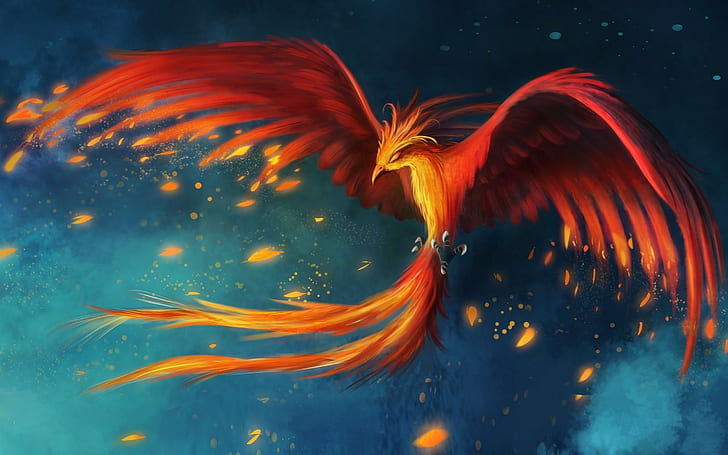 flying, birds, burning, wings, fantasy art, tail, fire, digital art