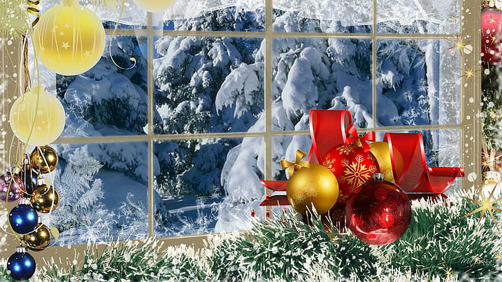 Winter Scene At Christmas, decorations, balls, frost, feliz navidad