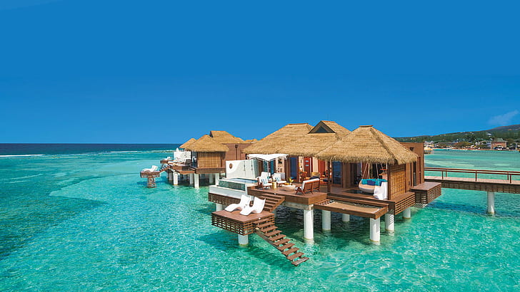 Sandals South Coast Resort Jamaica Caribbean Luxury Bungalows In Water Desktop Wallpaper Hd 2560×1440, HD wallpaper