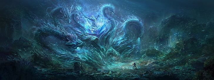 Fantasy, Gods, Artistic, Blue, Hydra, Ocean, Sea, Sea Monster, HD wallpaper