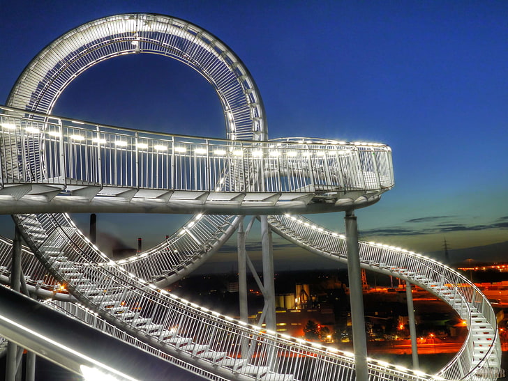 silver rails, stairs, lights, loop, architecture, built structure