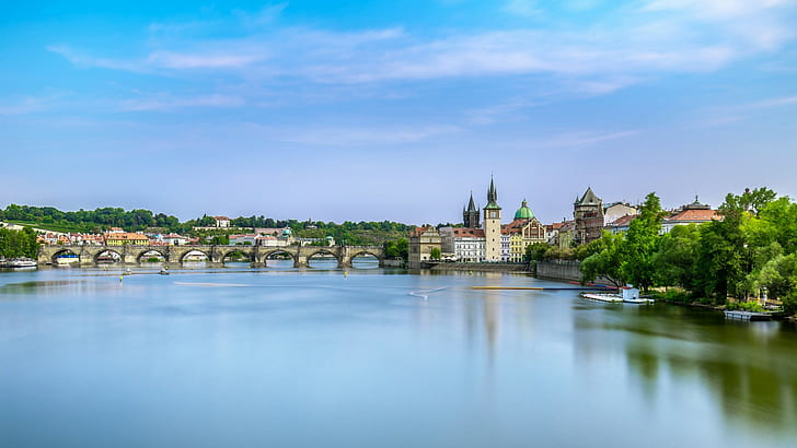 Charles Bridge, Vltava river, landscape desktop, HD wallpaper