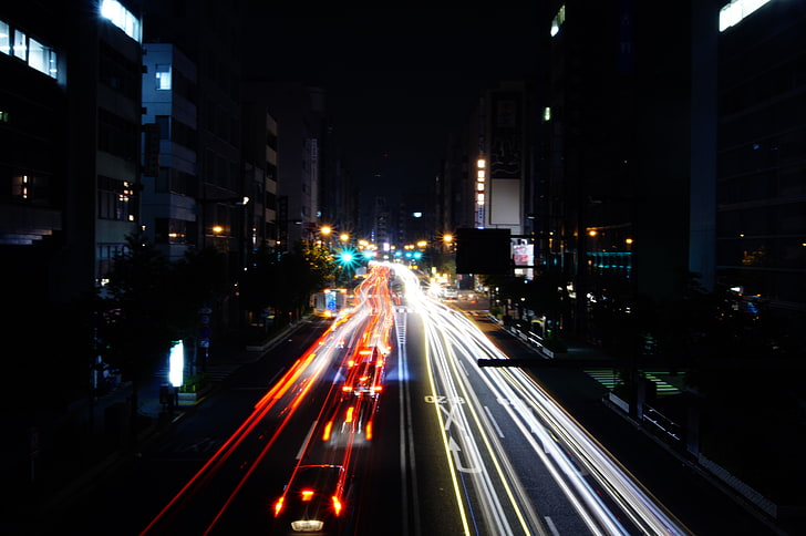 street lights, night, Tokyo, long exposure, light trails, road