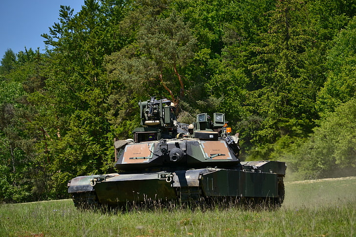 grey battle tank, field, forest, armor, Abrams, M1A2, plant, land