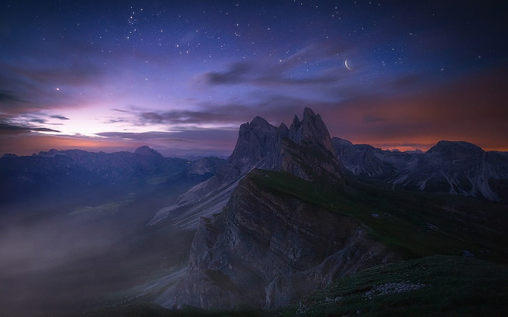 aerial photo of mountain, nature, landscape, starry night, long exposure