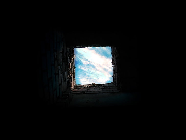 clouds, bricks, worm's eye view, window, architecture, cloud - sky