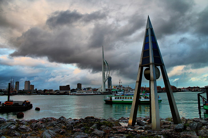 city buildings, sea, England, ship, overcast, river, water, architecture