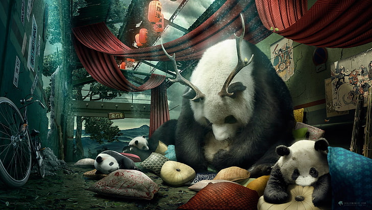 white-and-black pandas illustration, Desktopography, animals, HD wallpaper