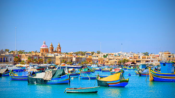 Malta, sea, boats, houses, blue sky, travel place, HD wallpaper