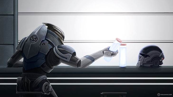 robot holding glass tube, Mass Effect, Garrus Vakarian, video games, HD wallpaper