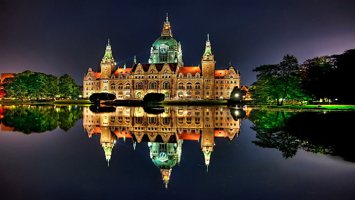 new city hall, hanover, germany, reflection, reflected, mirror, HD wallpaper