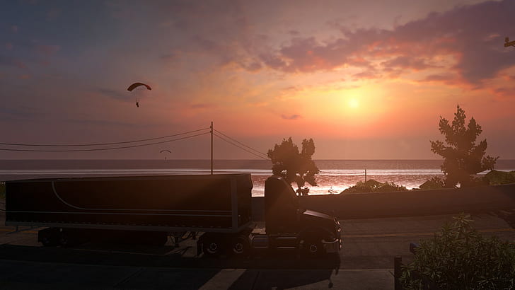 American Truck Simulator, side view, sunset, parachutes, trees, HD wallpaper