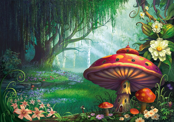 Artistic, Fantasy, Flower, Forest, House, Mushroom, Spring, HD wallpaper