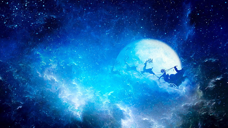 christmas, santa claus, sleigh, night, moon, stars, sky, night sky, HD wallpaper