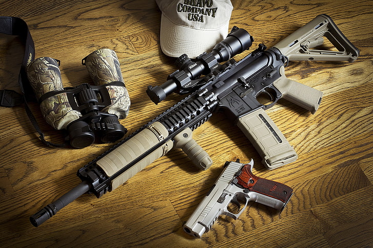black and gray assault rifle, gun, weapons, binoculars, AR-15, HD wallpaper