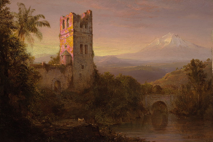 landscape, bridge, tower, mountain, picture, Frederic Edwin Church