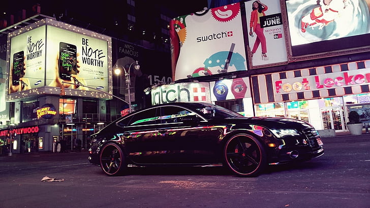 Audi A7 black car, city street, night