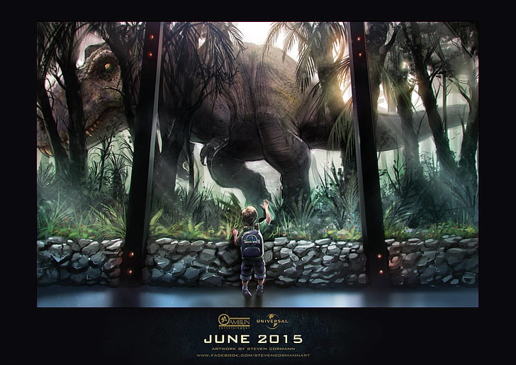 dinosaur and boy poster, Jurassic Park, Jurassic World, tree
