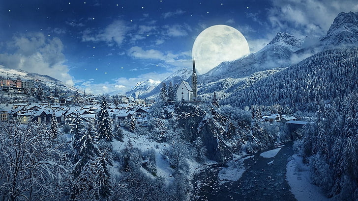 church, village, night, forest, river, night sky, mount scenery, HD wallpaper