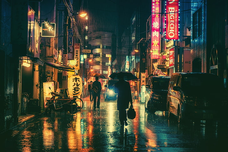 black umbrella, rain, Japan, night, neon, Masashi Wakui, architecture