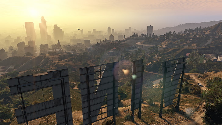 mountain and buildings, aerial photography Hollywood Sign, Grand Theft Auto V