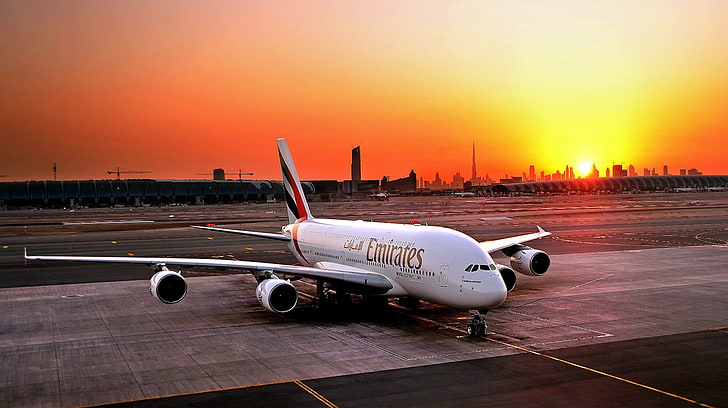 white Emirates airliner, Sunset, The sun, The plane, Airport